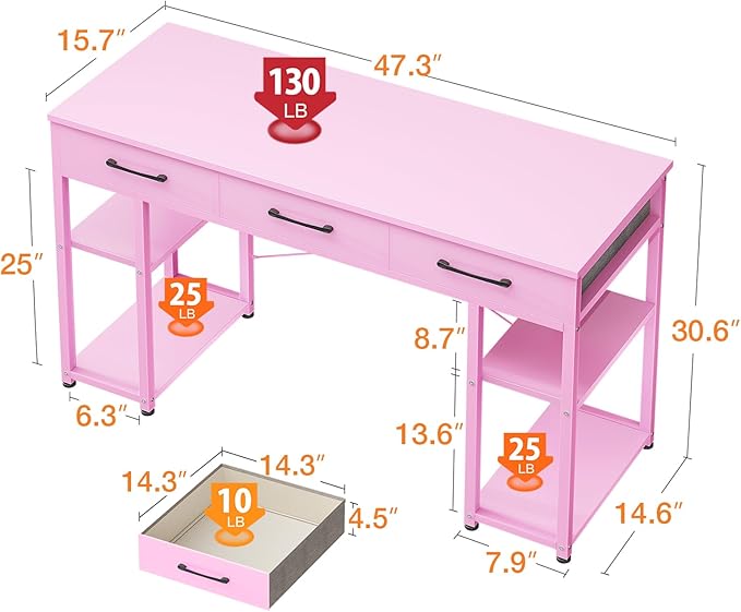 ODK Vanity Desk with Fabric Drawers & Storage Shelves, Makeup Dressing Table, Home Office Desks for Bedroom, Modern Simple Writing Desk,Pink, 48"x16" (No Mirror