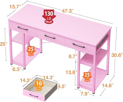 ODK Vanity Desk with Fabric Drawers & Storage Shelves, Makeup Dressing Table, Home Office Desks for Bedroom, Modern Simple Writing Desk,Pink, 48"x16" (No Mirror