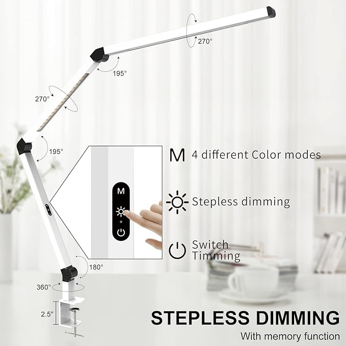 LED Desk Lamp with Clamp, Dual Light Table Lamp with Adjustable Swing Arm, Eye-Care 4 CCT Modes & 5 Brightness Levels Clip-on Table Light Architect Modern Desk Light for Home Office