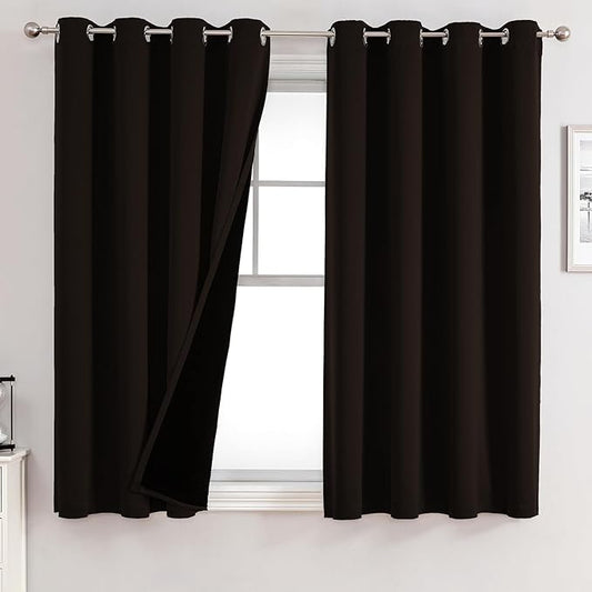 ChrisDowa 100% Blackout Curtains for Bedroom with Black Liner, 2 Thick Layers Total Blackout Thermal Insulated Grommet Window Curtains 2 Panels Set (Brown, 52 x 54 Inch)