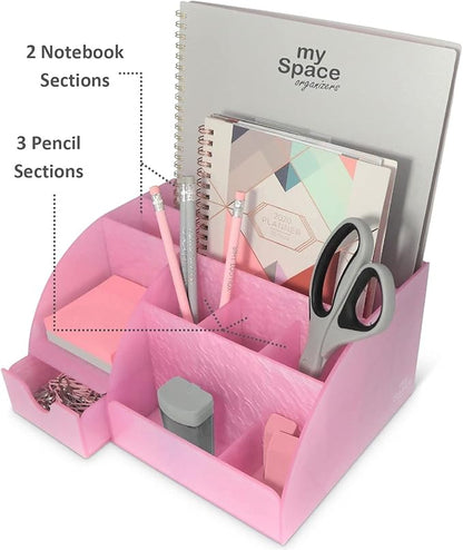 Pink Desk Organizer Office, Acrylic, with Drawer, 9 Compartments, Supplies and Cool Desk Accessories Organizer, Desktop Pen Holder (Pink)