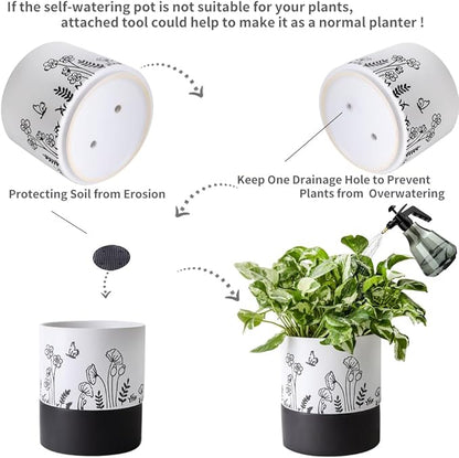 Nihow Self Watering Plant Pot: 6 Inch Ceramic Planter with Drainage Hole & Water Storage Plus for Indoor & Outdoor Plants - Cylinder Round Flower Pot for Succulent/Herbs/Violets -White