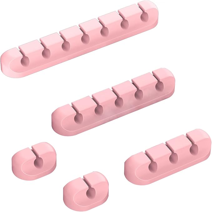 Pink Desk Accessories Cable Organizer - Pink Cord Holder for Desk, 5 Packs (7-5-3-1-1 Slots) Cable Clips for Cord Management This Cute Desk Accessories Cleans Up Messy Wires at Home, Car and Office