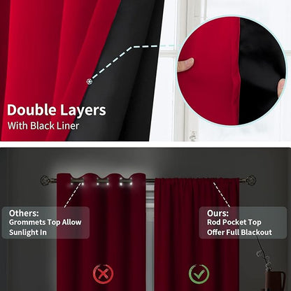 BGment Christmas Thermal Insulated 100% Blackout Curtains for Bedroom Decoration with Black Liner, Double Layer Full Room Darkening Noise Reducing Rod Pocket Curtain (52 x 84 Inch, Red, 2 Panels)