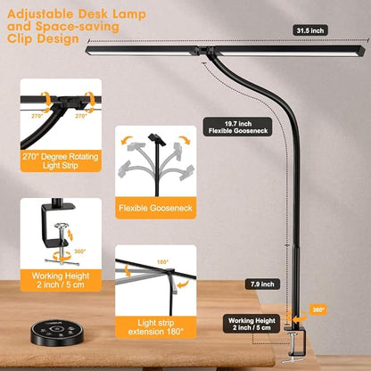 Led Desk Lamp for Office Home - Eye Caring Architect lamp with Clamp,Dual Screen Computer Monitor Gooseneck Smart Light: 24W 5 Color Flexible Adjustable Lighting Table Lamp for Study Drafting