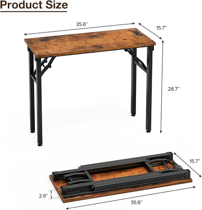 TEMI Small Computer Desk Folding Table - No Assembly, Compact 35.8" Foldable Desk with Power Outlets & USB Charging Port, Portable Small Office Desk, Ideal Mini Study Table for Small Spaces, Brown