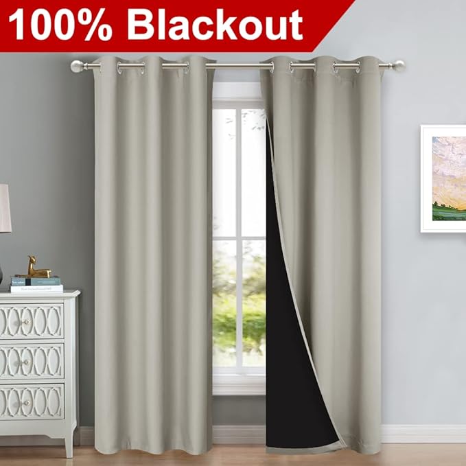 NICETOWN Natural Blackout Curtains 80 inches Long, Full Light Blocking Drapes with Black Liner for Nursery, Thermal Insulated Draperies for Hall, Villa (2 Pieces, 42" Wide Each Panel, Natural)