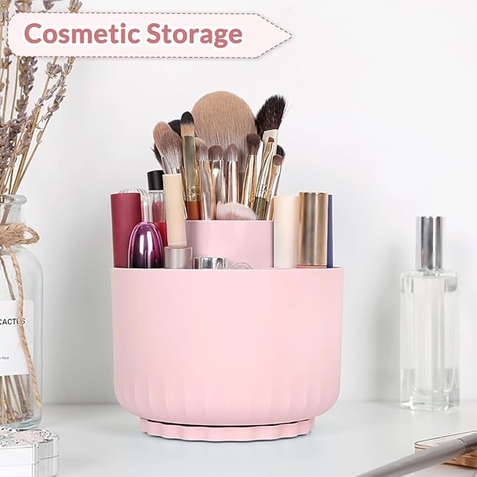 SKYDUE Makeup Organizer, Rotating Pencil Pen Holder for Desk, Dual-Purpose Desk Organizer for Cosmetics & Pens, Makeup Brush Holder with 5 Slots, Pencil Cup for Office, Home