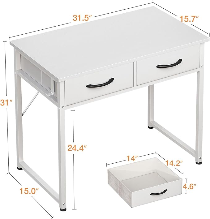 ODK Small Desk with Fabric Drawers- for Bedroom, White Vanity Desk with Storage, Home Office Computer Desk for Small Spaces, 32 Inch Modern Work Writing Study Table, White