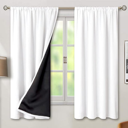 BGment Thermal Insulated 100% Blackout Curtains for Bedroom with Black Liner, Double Layer Full Room Darkening Noise Reducing Rod Pocket Curtain (52 x 63 Inch, Pure White, 2 Panels)