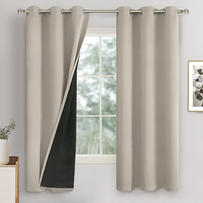 100% Blackout Curtains for Bedroom 2 Panels Set, Thermal Insulated Sun Blocking 63 Inch Length Soundproof Grommet Heavy Window Curtains with Thick Liner, Each 42 Inch Wide, Cashmere