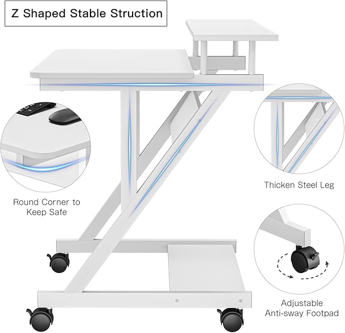 Dripex Computer Desk for Small Spaces, 27.5 inch Small Computer Desk, 3 Tier Compact Desk with Monitor Shelf and Bottom Storage Shelves, Space Saving Desk, White