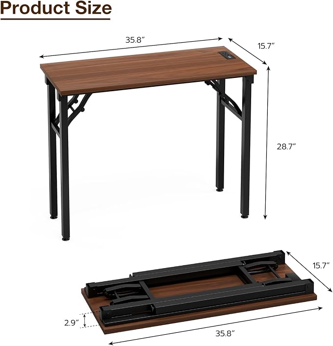 TEMI Small Computer Desk Folding Table - No Assembly, Compact 35.8" Foldable Desk with Power Outlets & USB Charging Port, Portable Small Office Desk, Ideal Mini Study Table for Small Spaces Walunt