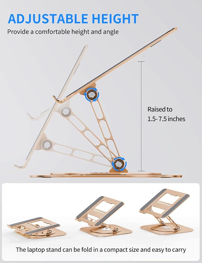 Adjustable Laptop Stand with 360 Rotating Base, Computer Stand for Laptop Ergonimic Foldable Laptop Riser for Desk Compatible with MacBook Pro/Air Notebook up to 16 Inches, Gold