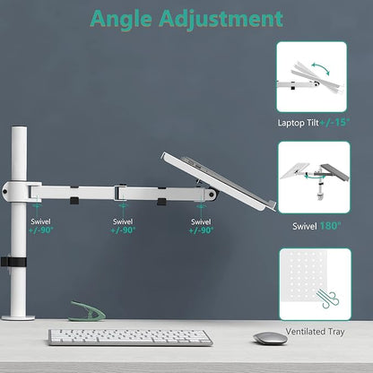 WALI Laptop Mount Arm for Desk, Laptop Tray, Fully Adjustable, up to 17 inch, 22lbs, with Vented Cooling Platform Stand (M00LP-W), White