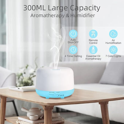 300ML Essential Oil Diffuser with Remote Control, 7 LED Color Changing Light, 8 Hour Cool Mist Fragrance Air Humidifier