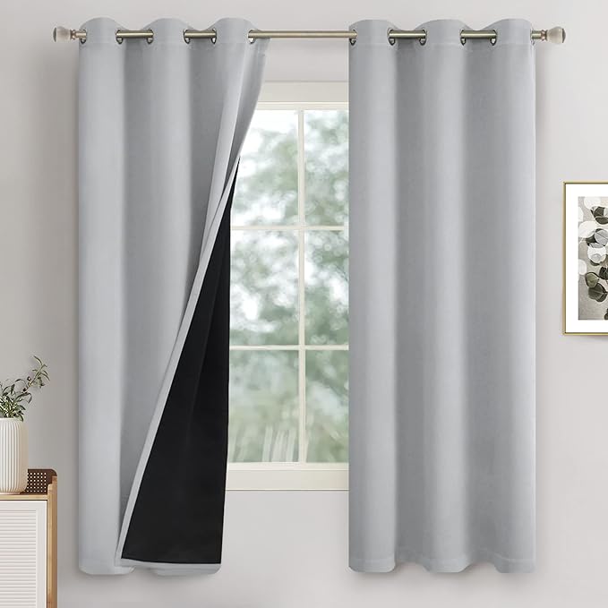 Light Grey Blackout Curtains for Bedroom 63 Inch Length 2 Panels, Thermal Insulated 100% Black-Out Light Blocking Soundproof Grommet Room Darkening Thick Window Curtains, Each 42 Inch Wide