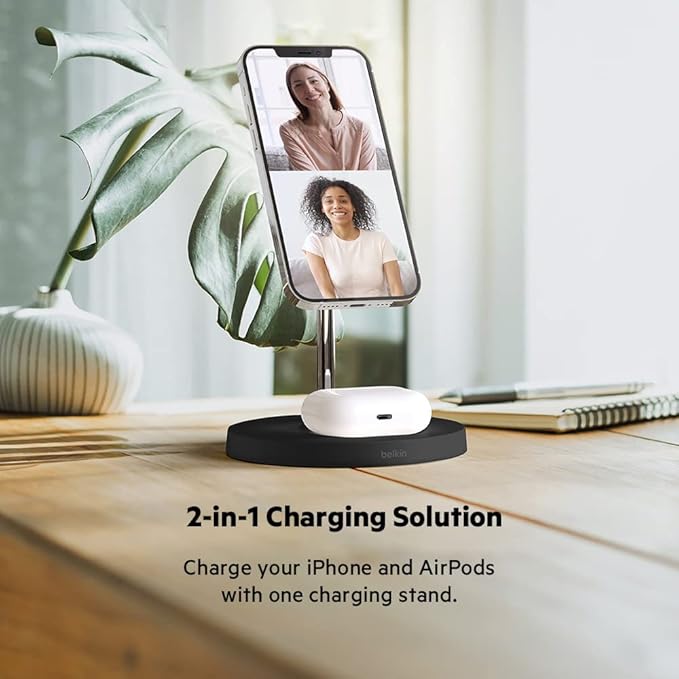 Belkin MagSafe 2-in-1 Wireless Charging Stand for Apple iPhone 16, iPhone 15, iPhone 14, & iPhone 13 Series & AirPods - MagSafe Fast Charging Station for Multiple Devices - Black