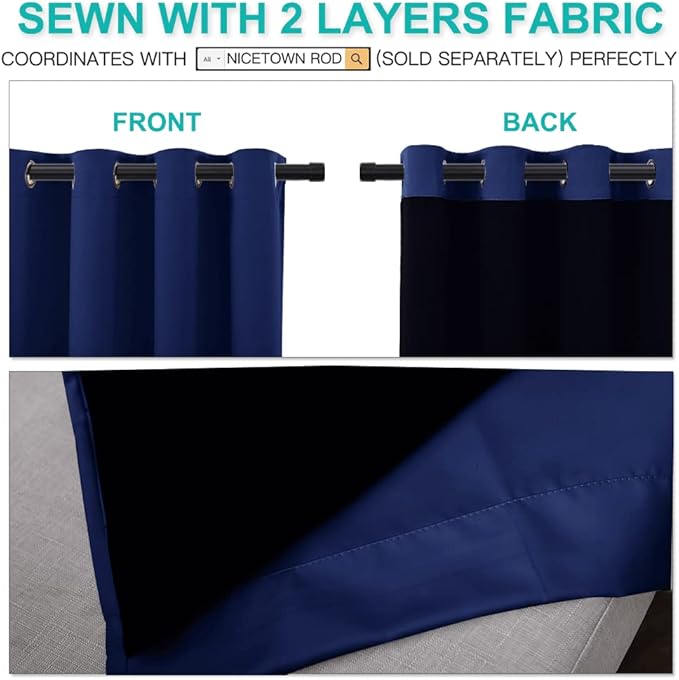 NICETOWN 100% Blackout Curtain Set, Thermal Insulated & Energy Efficiency Window Draperies for Guest Room, Full Shading Panels for Shift Worker and Light Sleepers, Dark Blue, 52W x 84L, 2 PCs