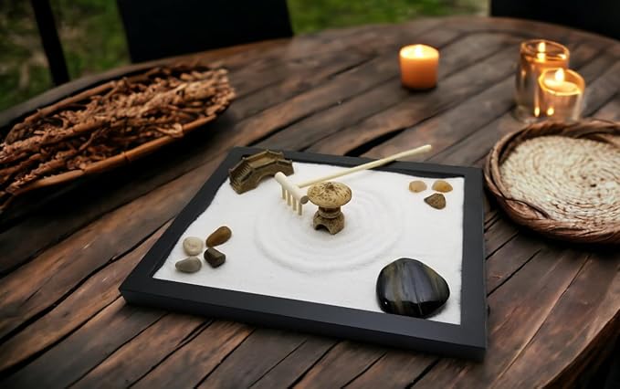 Zen Sand Garden for Desk with Rake, Rocks and Figures (Medium)