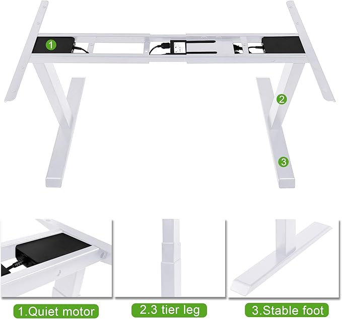 Fromann Electric 3 Tier Legs Dual Motor Standing Desk Frame Sit Stand up Height Adjustable Desk Base for Home and Office (White)