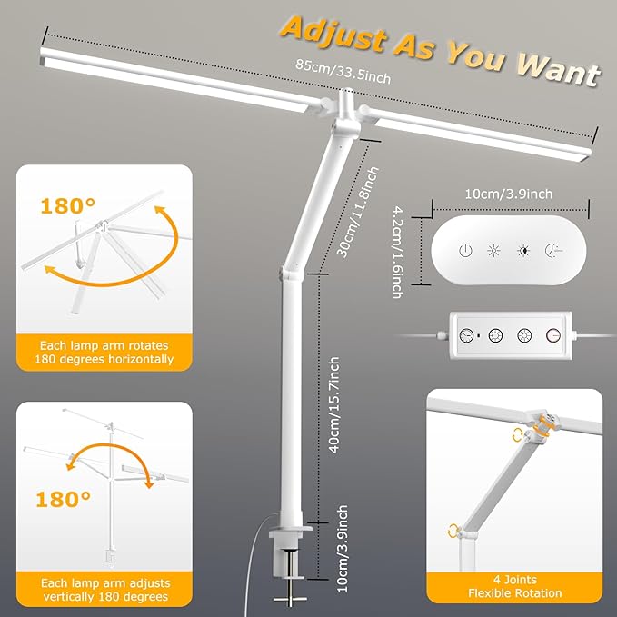 LED Desk Lamp, Double Swing Arm Wide Lighting Area Desk Lamps for Home Office with Stepless Dimming, Eye-Caring Architect Desk Light with Clamp for Reading, Study, Workbench, Drafting(White)