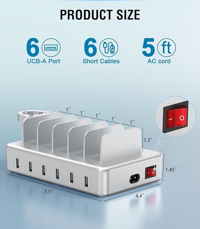 Charging Station for Multiple Devices Apple,50W 6 Port&6 Cables Charging Station for Apple Device with Apple Watch Holder,Charging Dock for Cellphone, Kindle, Tablet and Other Electronic (Sliver)