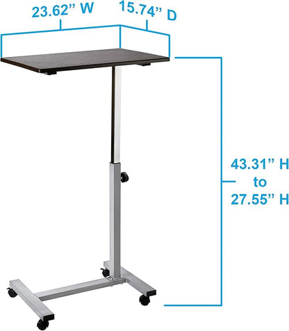 Seville Classics Airlift Height Adjustable Mobile Rolling Laptop Cart Computer Workstation Desk Table for Home, Office, Classroom, Hospital, w/Wheels, Overbed Sit Stand (24"), Espresso