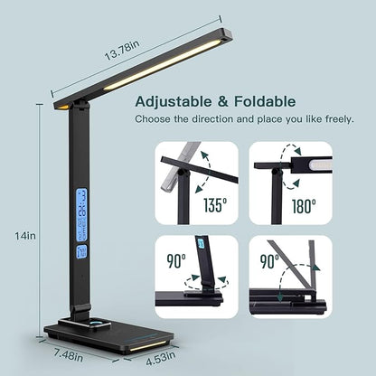 LED Desk Lamp with Wireless Charger: Desk Lamps for Home Office Bedroom, 5 Color Modes & Brightness Dimmable, 2 Night Light