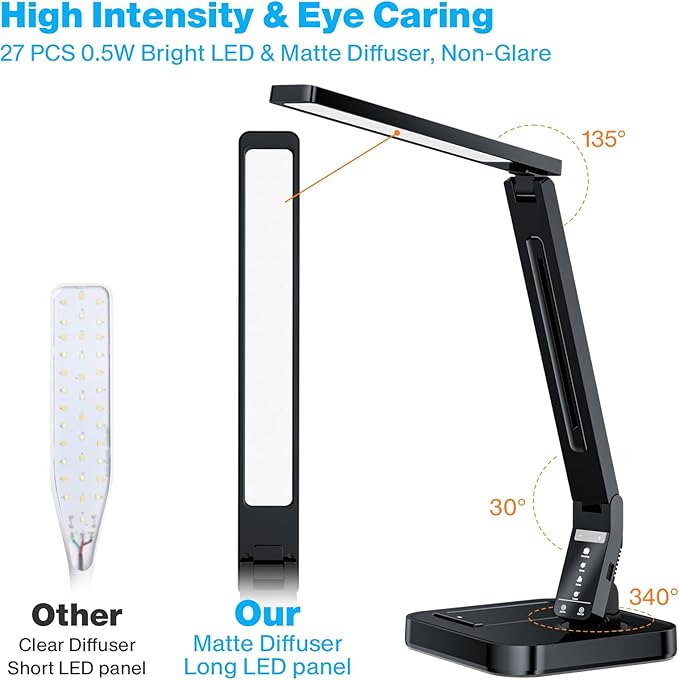 Ambertronix LED Desk Lamp, Patented Vertical Wireless Charger, 14W, 530 Lumens, Table Lamp with USB Charging Port, Dimmable Eye-Caring, 5 Brightness & 4 Light Modes, Touch Control, Auto Timer