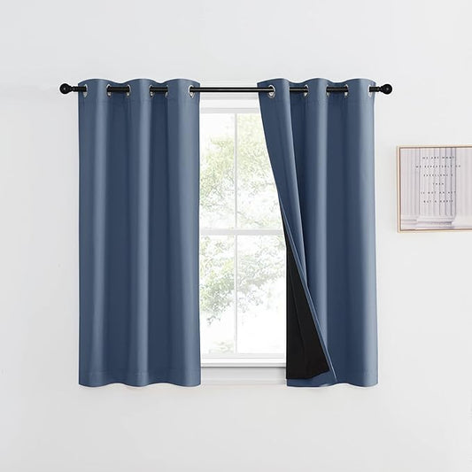 NICETOWN Small 100% Blackout Curtain with Black Liner, Thermal Insulated 2-Layer Lined Drape, Energy Efficiency Small Window Drapery for Dining Room (Stone Blue, 1 Panel, 42-inch W by 45-inch L)