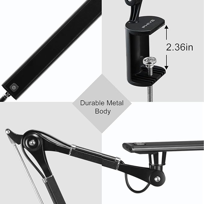 PHIVE LED Desk Lamp, Architect Task Lamp, Metal Swing Arm Dimmable Drafting Table Lamp with Clamp (Touch Control, Eye-Care Technology, Highly Adjustable Office, Craft, Studio, Workbench Light) Black