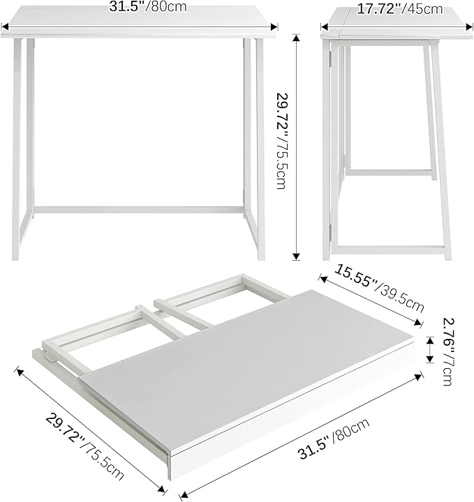 4NM 31.5" Small Folding Desk, Simple Assembly Computer Desk Home Office Desk Study Writing Table for Small Space Offices - All White