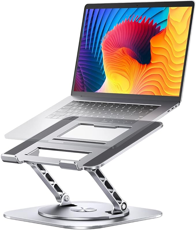 Adjustable Computer Stand with 360 Rotating Base, Ergonimic Foldable Laptop Riser for Desk Compatible with MacBook Pro/Air Notebook up to 16 Inches, Silver