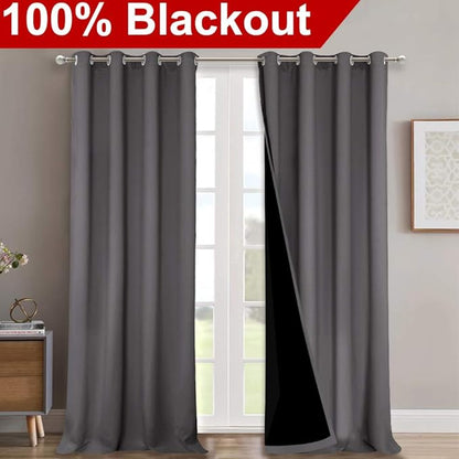 NICETOWN Full Shading Curtains 90 inches Long 2 Panels Set for Windows, Super Heavy-Duty Black Lined Blackout Curtains for Bedroom, Privacy Assured Window Treatment (Grey, Pack of 2, 52 inches W)