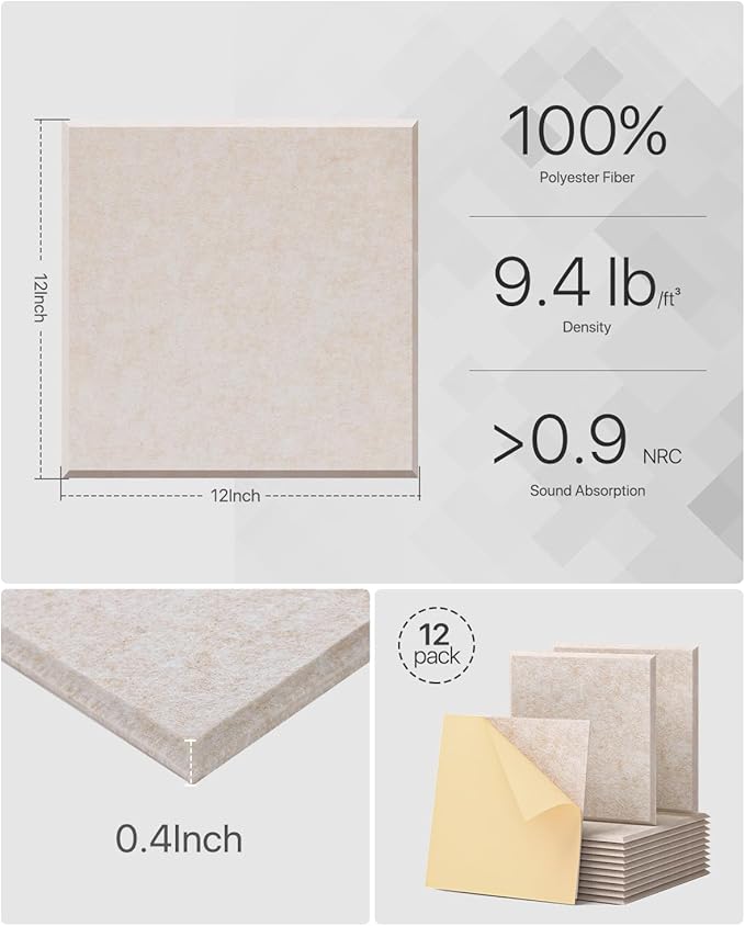 Soundproof Wall Panels Self-Adhesive Acoustic Panels Sound Absorbing High Density Sound Proof Foam Panels for Home Office, Reccording Studio, Ceiling 12" X 12" X 0.4", Beige