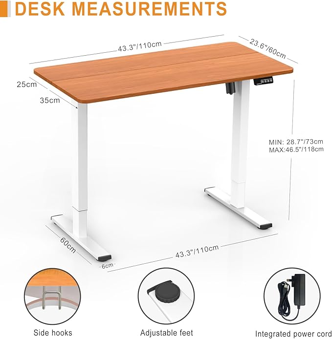 Electric Standing Desk, 43.3" x 23.6" Height Adjustable Sit Stand Desk with Splice Board for Home Office, Computer Desk Memory Preset (White Frame, Cherry Desktop)