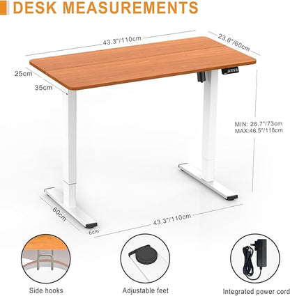 Electric Standing Desk, 43.3" x 23.6" Height Adjustable Sit Stand Desk with Splice Board for Home Office, Computer Desk Memory Preset (White Frame, Cherry Desktop)