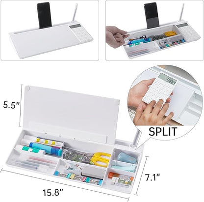 Small Glass Desktop Whiteboard Dry-Erase-Board - Computer Keyboard Stand with Calculator White Board Surface Pad with Drawer, Desk Organizers with Accessories for Office, Home, School Supplies