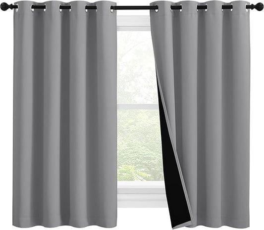 NICETOWN Silver Grey 100% Blackout Curtains with Heat and Cold Blocking, Thermal Insulated 2-Layer Lined Drapes, Noise Cancellation Window Draperies for Offie Room (2 Panels, 55-inch W by 57-inch L)