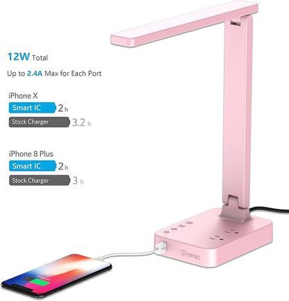 Drevet LED Desk Lamp, Desk Light with 1 USB Charging Port and 2 AC Power Outlet, 3 Lighting Modes, 3 Level Brightness,1H Timer, Touch Control, Eye-Caring Home Office Foldable Table Lamp (Pink)