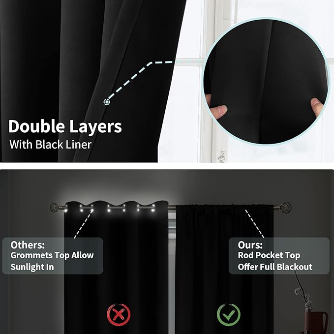 BGment Thermal Insulated 100% Blackout Curtains for Bedroom with Black Liner, Double Layer Full Room Darkening Noise Reducing Rod Pocket Curtain (52 x 63 Inch, Black, 2 Panels)