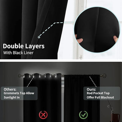 BGment Black Blackout Curtains for Bedroom 90 Inch Length, Rod Pocket 100% Blackout Curtains with Thermal Liner Room Darkening Curtains for Living Room, Each Window Curtains 2 Panels, 52 x 90 Inch