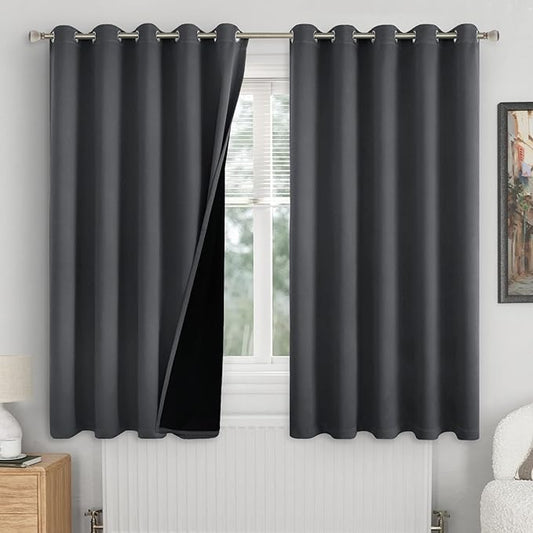 Extra Wide 100% Blackout Curtains for Bedroom 63 Inch Length 2 Panels Set, Thermal Insulated Full Light Blocking Soundproof Grommet Window Curtains for Living Room, Each 60 Inch Wide, Dark Grey