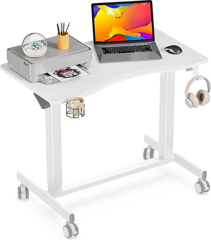 JOY worker Mobile Standing Desk, 35In Small Standing Desk with Curved Desktop, Pneumatic Height Adjustable Rolling Desk Holds Up to 33lbs, White Mobile Laptop Desk with Hook & Cup Holder