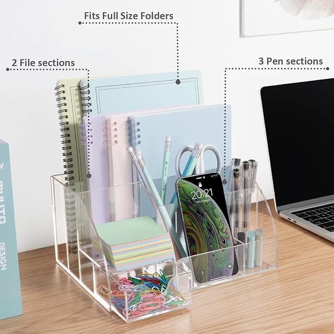 Clear Acrylic Desk Oganizer, 9 Compartments, Office Supplies and Desk Accessories Organizer, Home Decor Desktop Organizer (Clear)