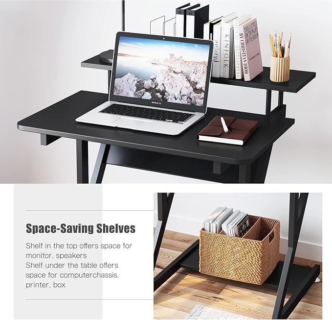 Dripex Computer Desk for Small Spaces, 27.5 inch Small Computer Desk, 3 Tier Compact Desk with Monitor Shelf and Bottom Storage Shelves, Space Saving Desk, Black