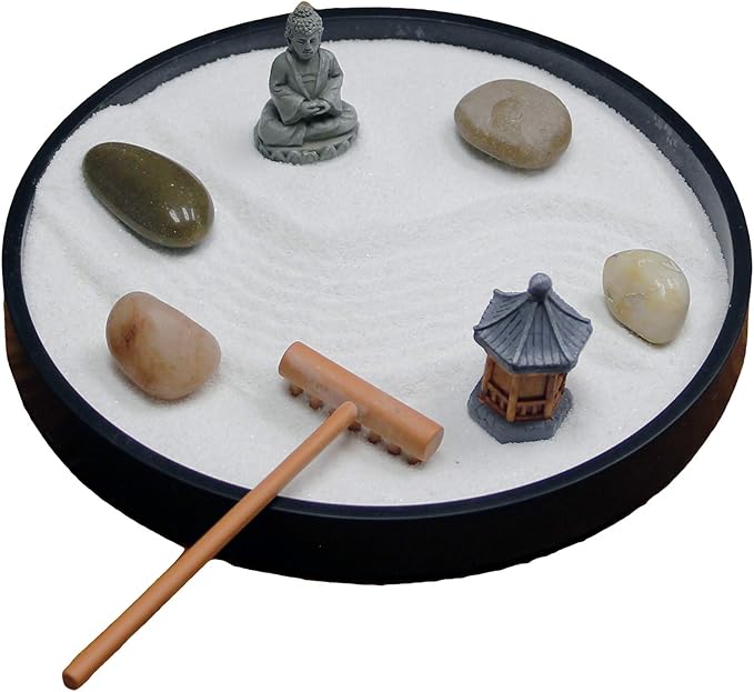 Nature's Mark Mini Zen Garden Kit for Desk with Rake, White Sand, Black Round Base, Miniature Pagoda Figure, River Rocks and Miniature Buddha Figure (6Lx6W Round B)