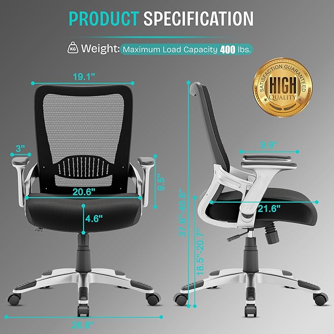 SUNNOW Office Chair, Ergonomic Computer Desk Chair, Sturdy Executive Task Chair - Adjustable Lumbar Support, Flip-up Arms, Tilt Function, Comfy Wide Seat, Swivel Mesh Home Office Desk Chairs (Black)