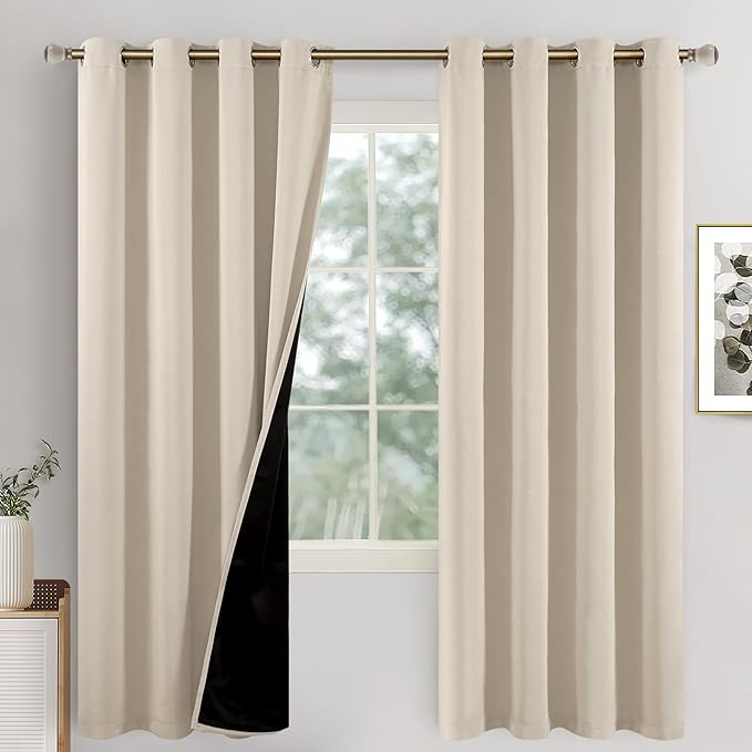 Champagne Blackout Curtains for Bedroom 72 Inch Length 2 Panels Set, Thermal Insulated 100% Light Blocking Soundproof Grommet Window Curtains for Living Room with Black Liner, Each 52 Inch Wide